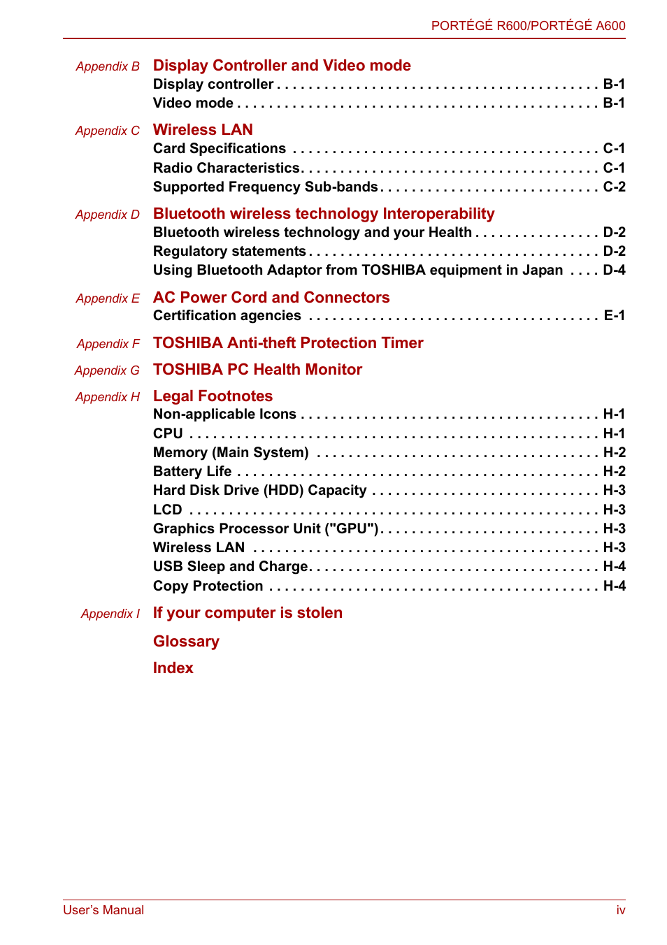 Toshiba Portege A600 User Manual | Page 4 / 218