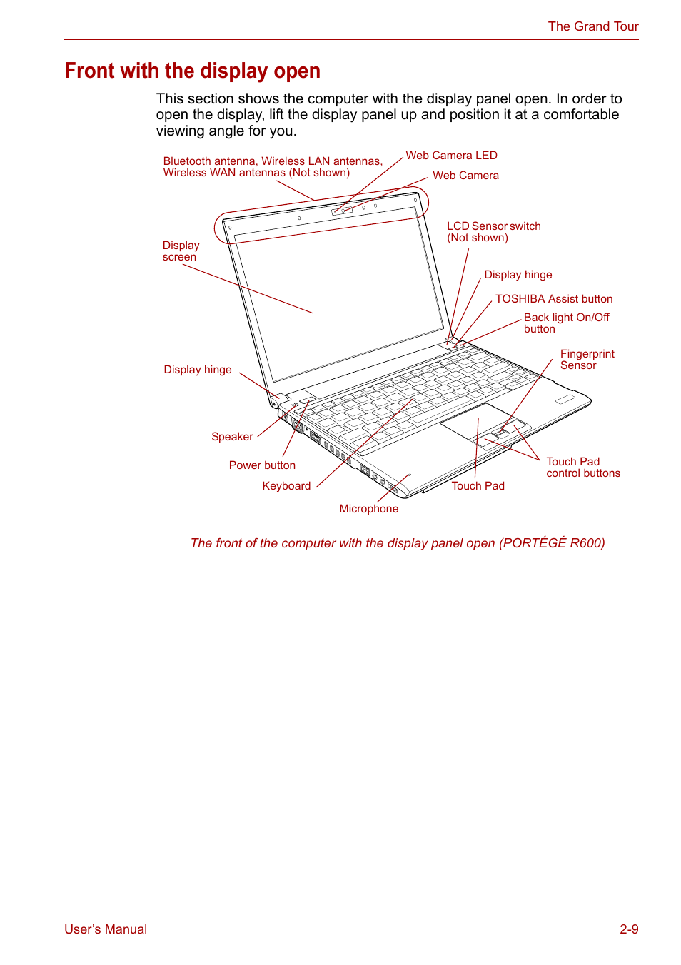 Front with the display open, Front with the display open -9 | Toshiba Portege A600 User Manual | Page 45 / 218