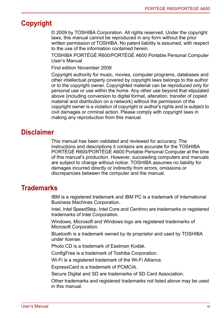 Copyright, Disclaimer, Trademarks | Toshiba Portege A600 User Manual | Page 5 / 218