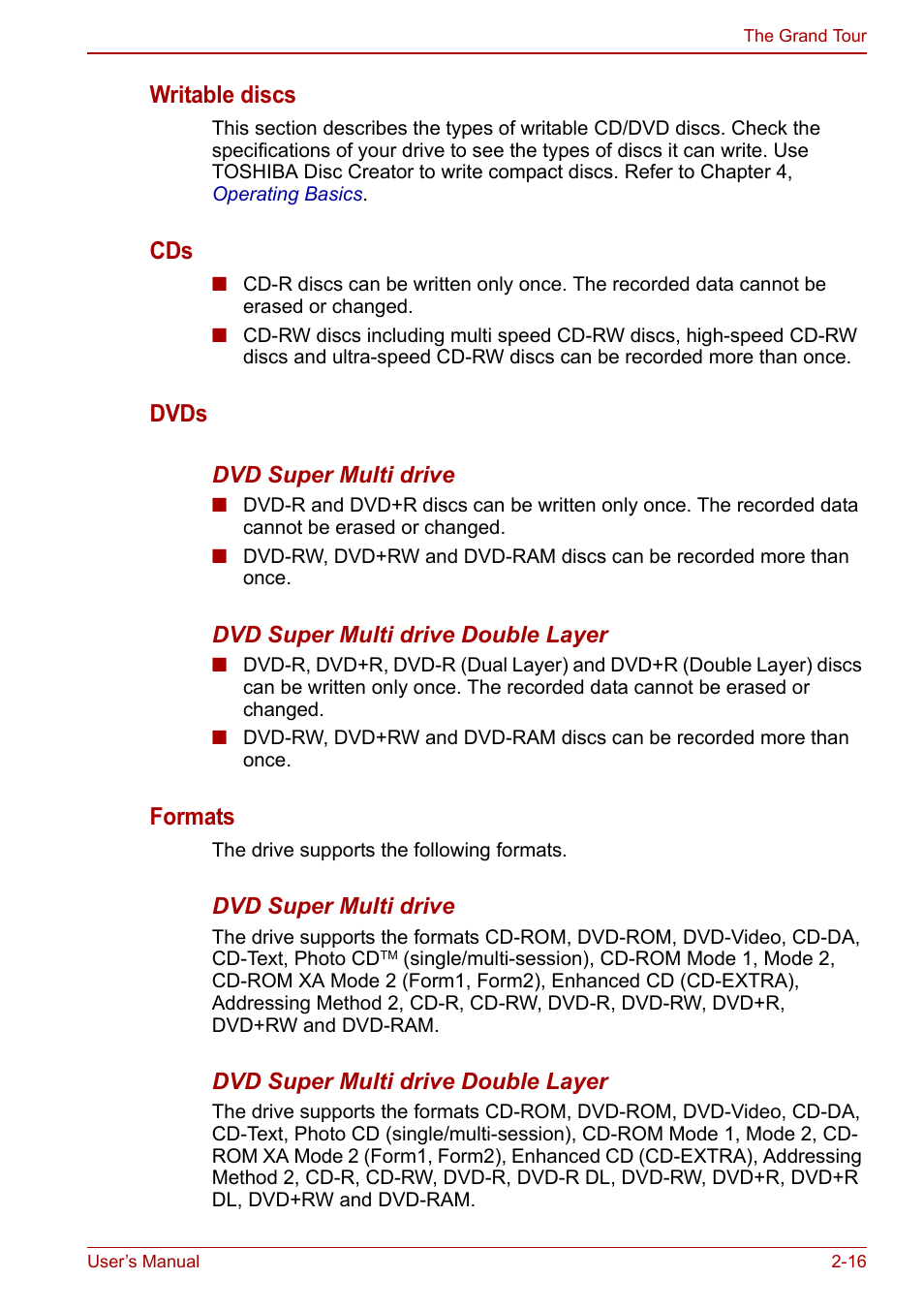Writable discs, Dvds, Formats | Toshiba Portege A600 User Manual | Page 52 / 218