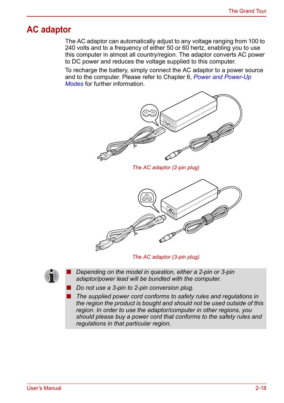 Ac adaptor, Ac adaptor -18 | Toshiba Portege A600 User Manual | Page 54 / 218