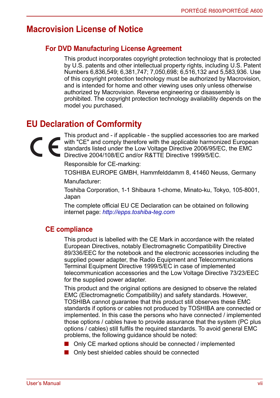 Macrovision license of notice, Eu declaration of comformity | Toshiba Portege A600 User Manual | Page 6 / 218