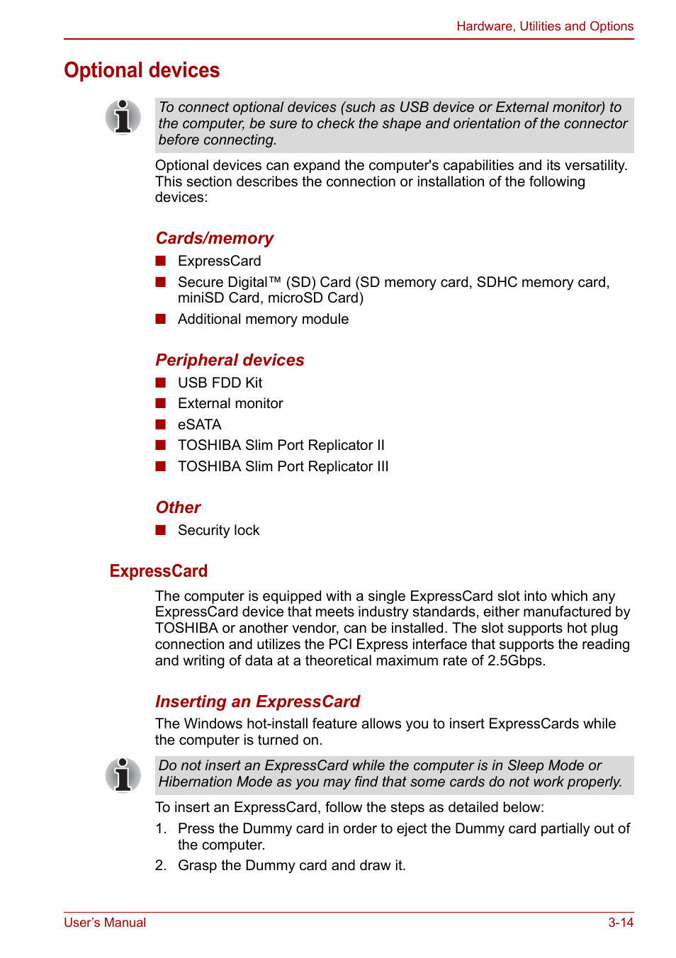 Optional devices, Optional devices -14, Expresscard | Toshiba Portege A600 User Manual | Page 69 / 218