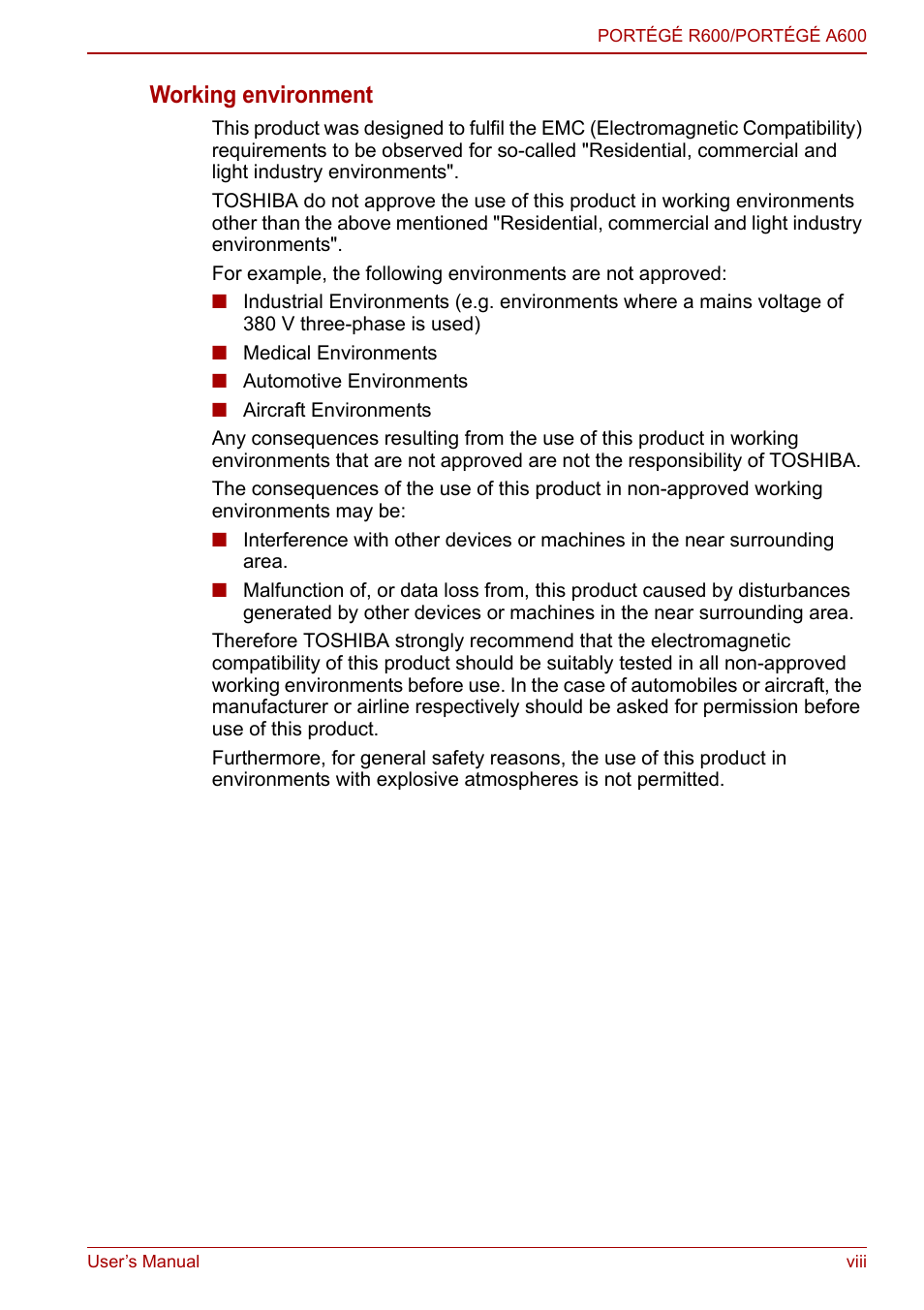 Working environment | Toshiba Portege A600 User Manual | Page 7 / 218