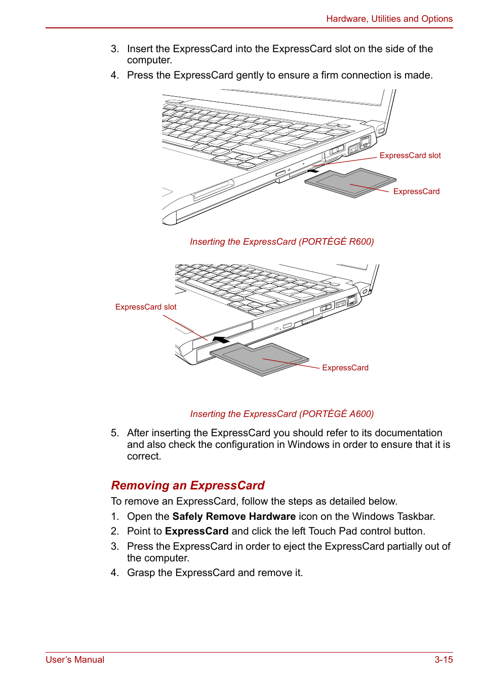 Removing an expresscard | Toshiba Portege A600 User Manual | Page 70 / 218