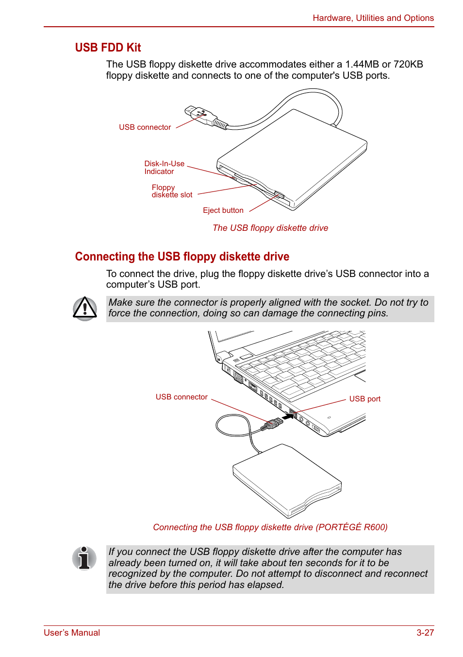 Usb fdd kit, Connecting the usb floppy diskette drive | Toshiba Portege A600 User Manual | Page 82 / 218