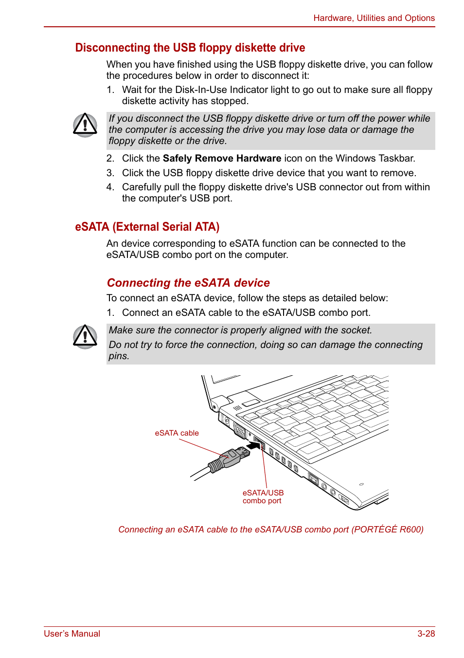 Disconnecting the usb floppy diskette drive, Esata (external serial ata), Connecting the esata device | Toshiba Portege A600 User Manual | Page 83 / 218