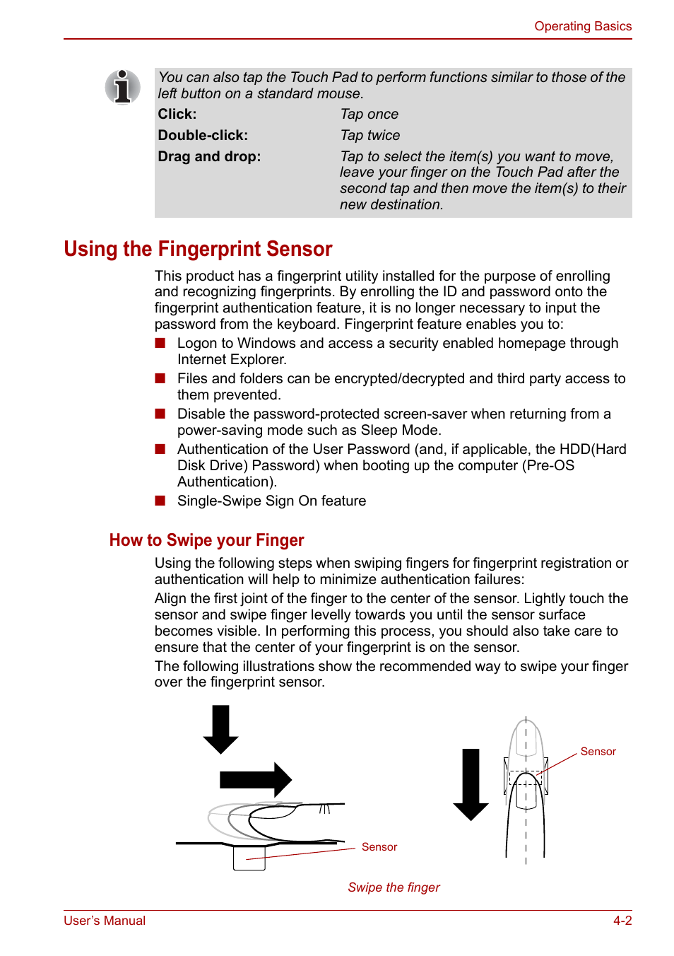 Using the fingerprint sensor, Using the fingerprint sensor -2, How to swipe your finger | Toshiba Portege A600 User Manual | Page 89 / 218