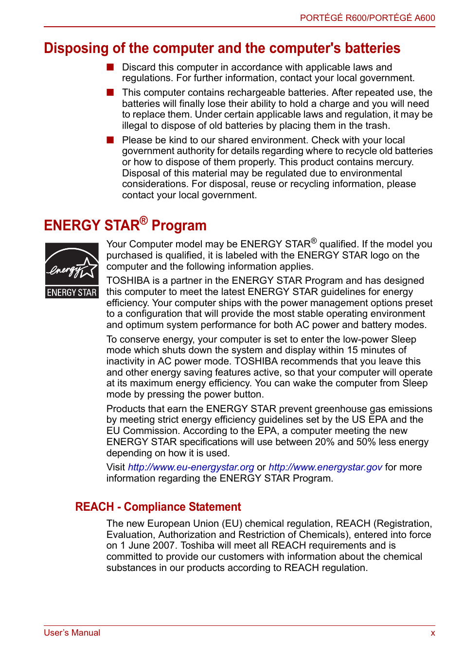 Energy star, Program, Reach - compliance statement | Toshiba Portege A600 User Manual | Page 9 / 218