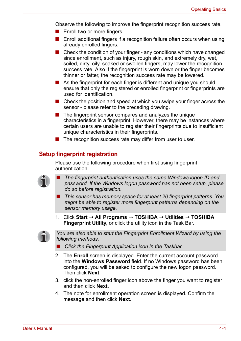 Setup fingerprint registration | Toshiba Portege A600 User Manual | Page 91 / 218