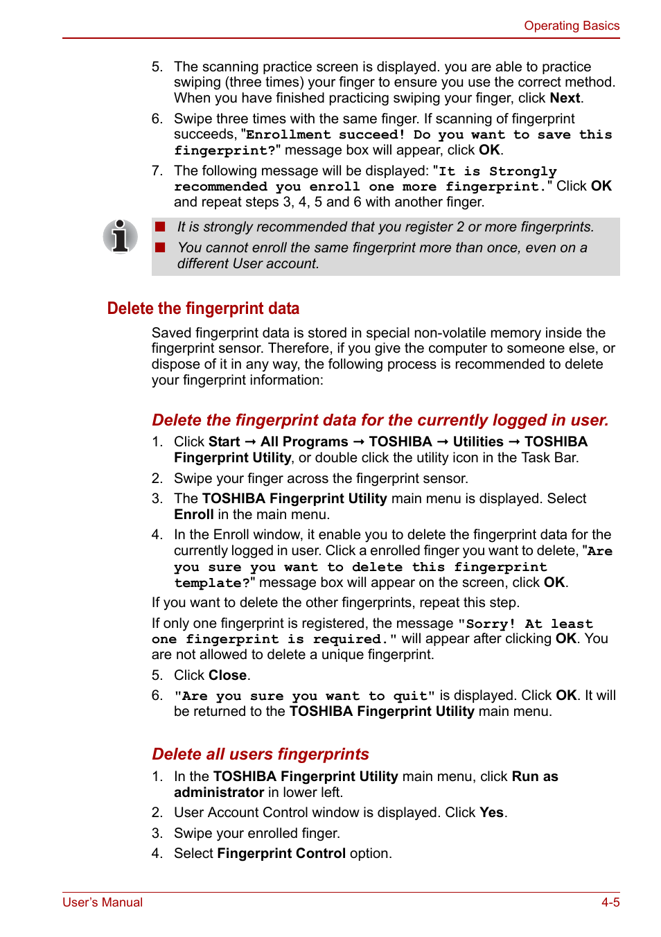 Delete the fingerprint data | Toshiba Portege A600 User Manual | Page 92 / 218