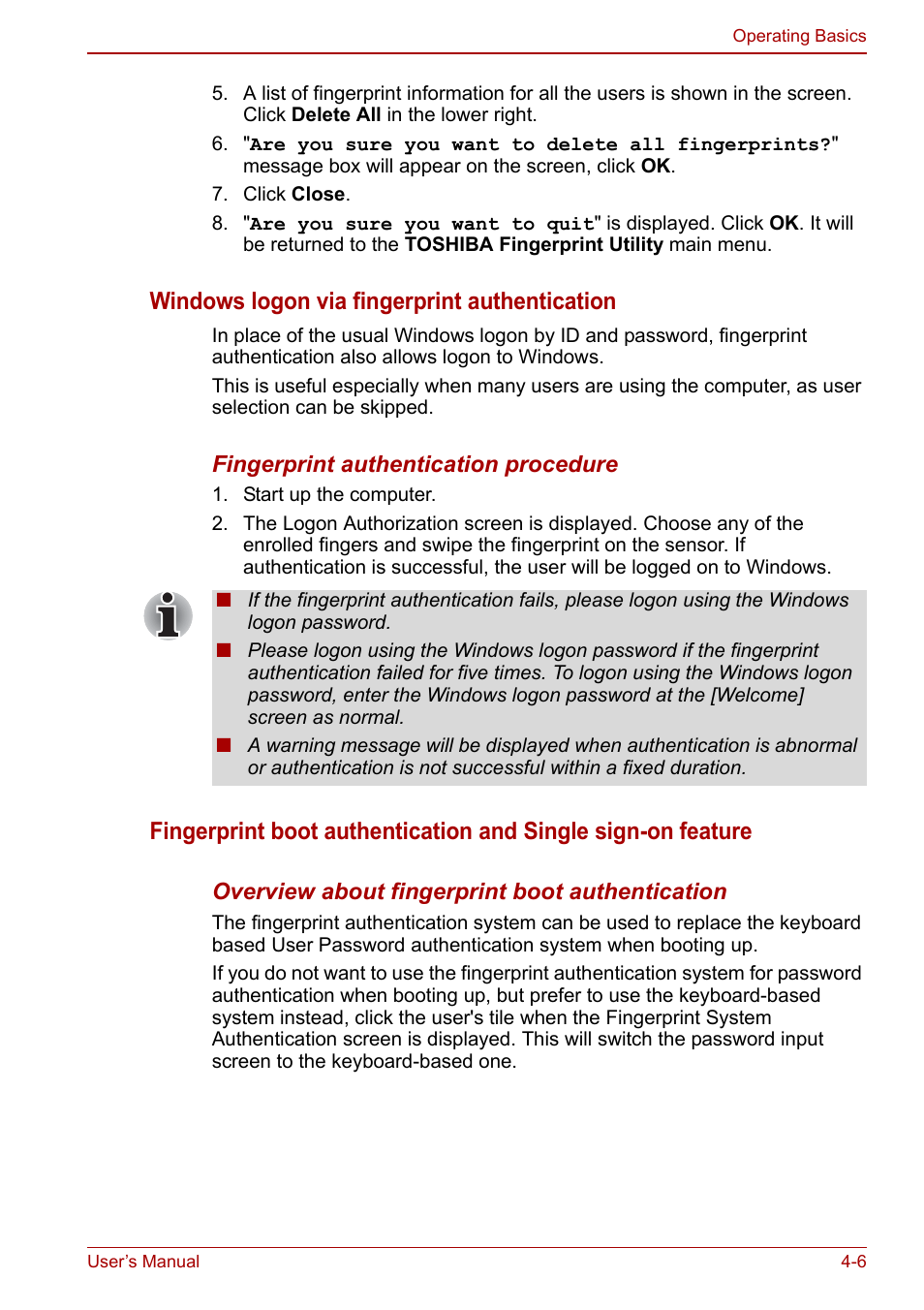 Windows logon via fingerprint authentication | Toshiba Portege A600 User Manual | Page 93 / 218