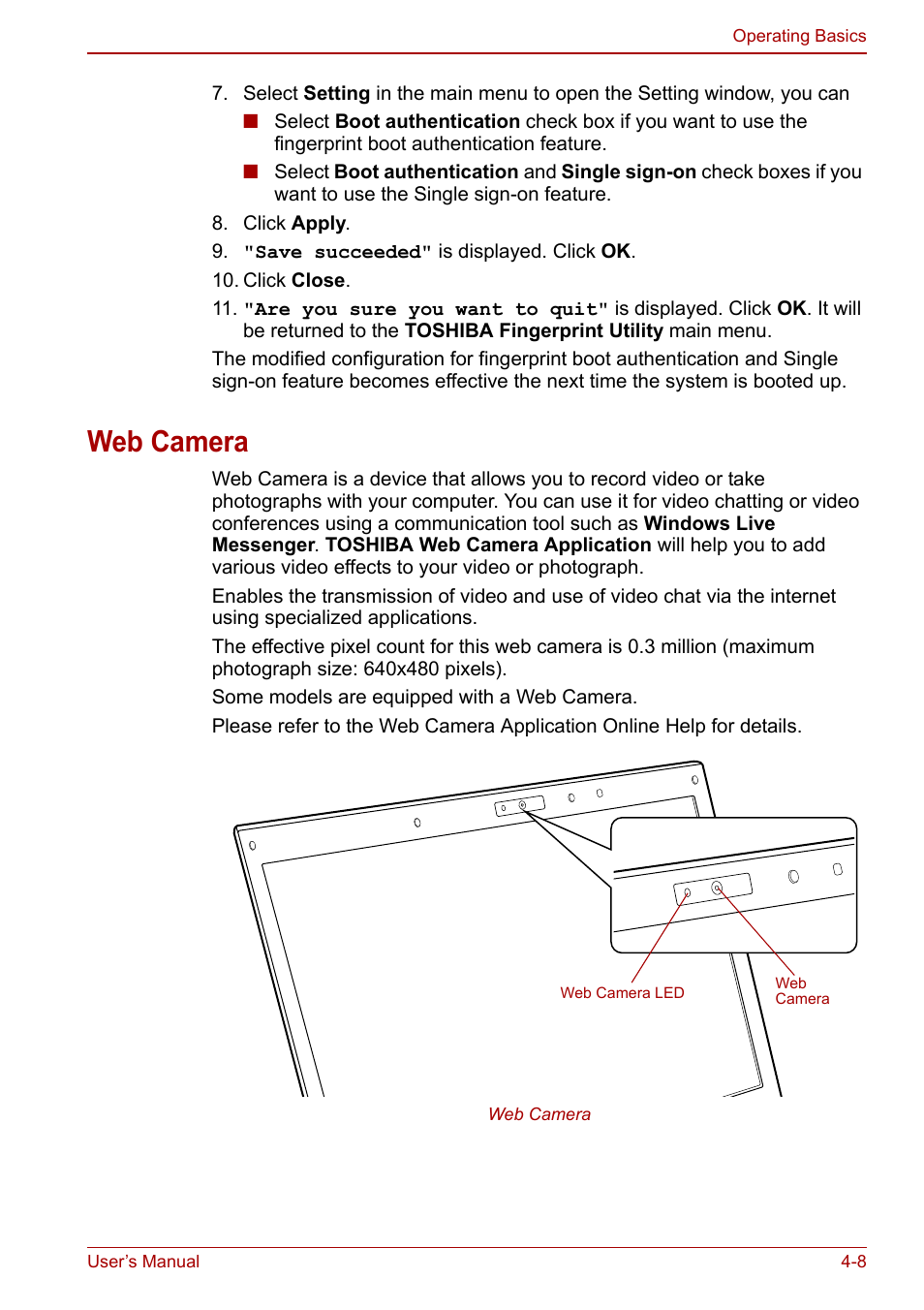 Web camera, Web camera -8 | Toshiba Portege A600 User Manual | Page 95 / 218