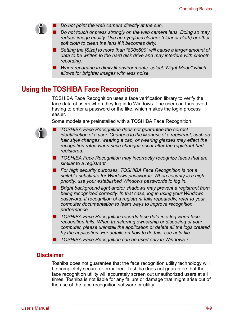 Using the toshiba face recognition, Using the toshiba face recognition -9, Disclaimer | Toshiba Portege A600 User Manual | Page 96 / 218