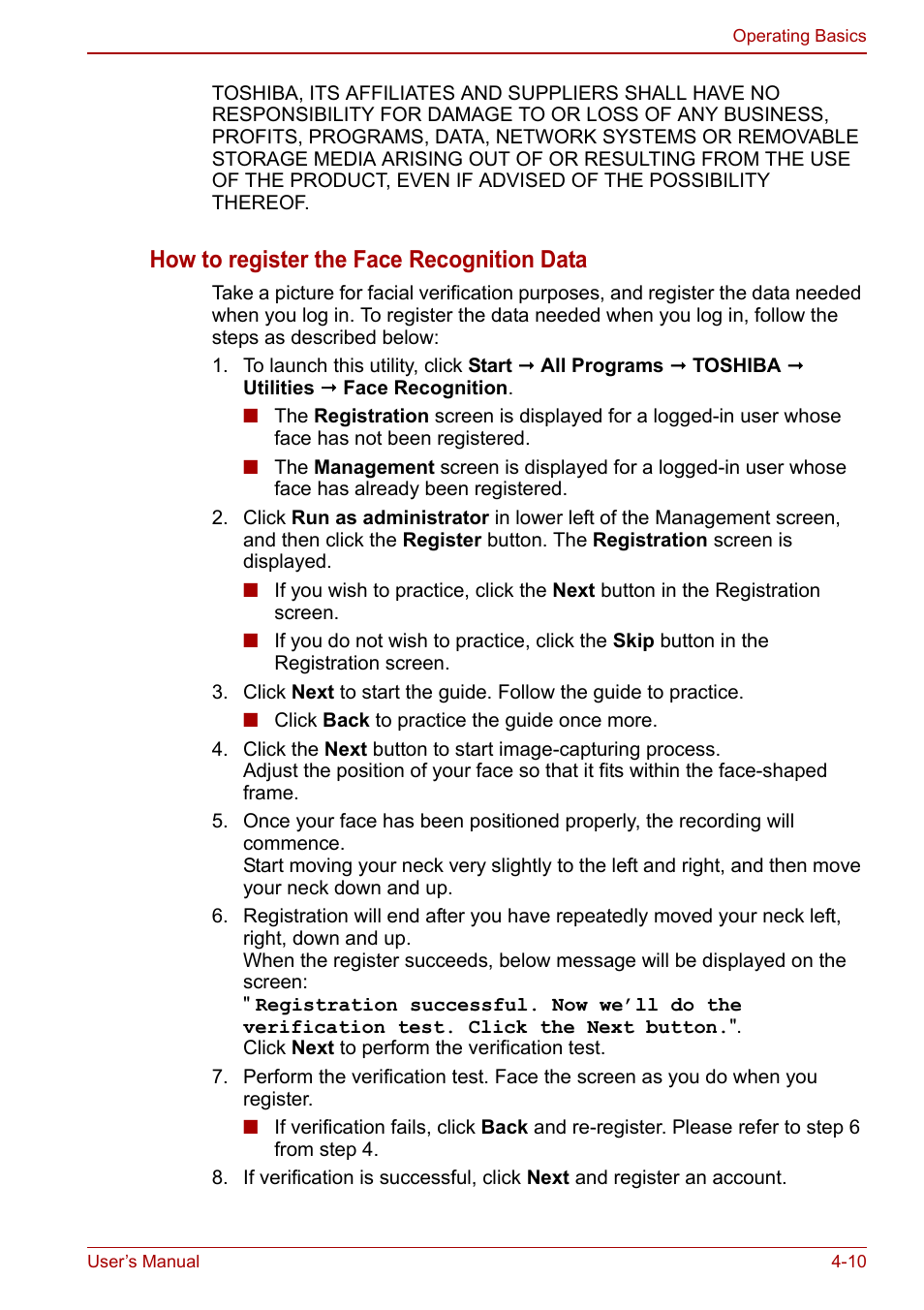 How to register the face recognition data | Toshiba Portege A600 User Manual | Page 97 / 218