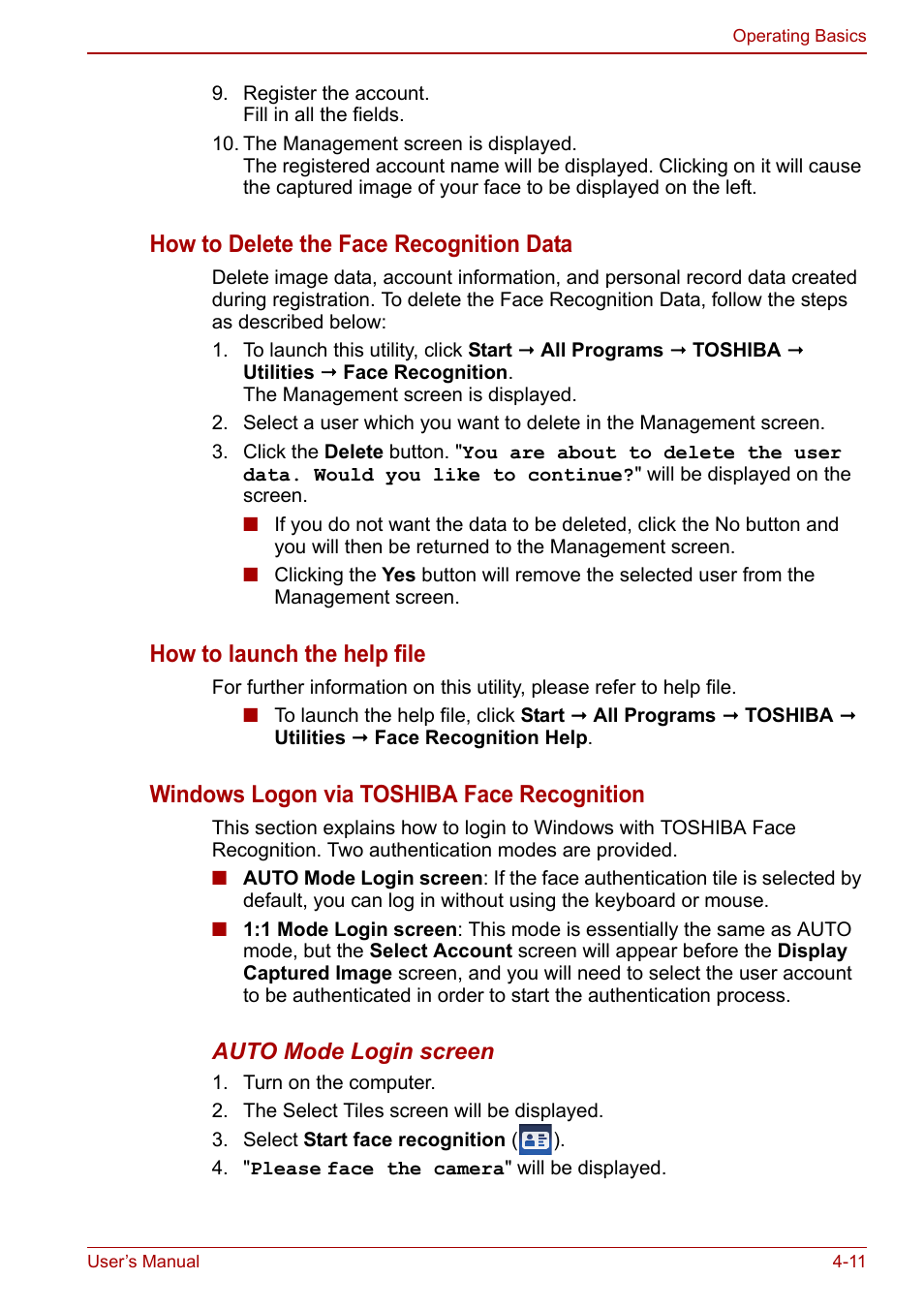 How to delete the face recognition data, How to launch the help file, Windows logon via toshiba face recognition | Toshiba Portege A600 User Manual | Page 98 / 218