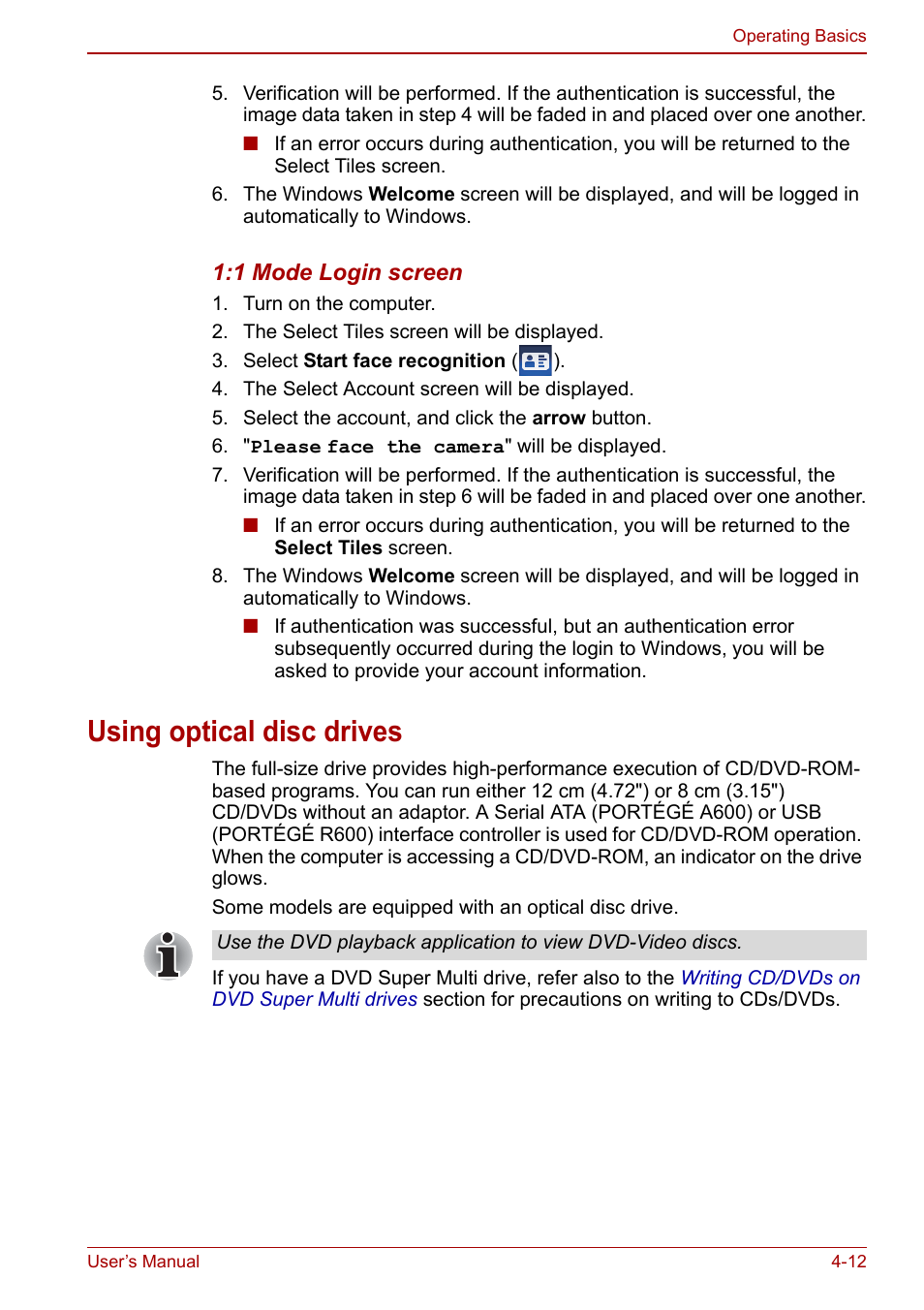Using optical disc drives, Using optical disc drives -12, Using optical | Disc drives | Toshiba Portege A600 User Manual | Page 99 / 218