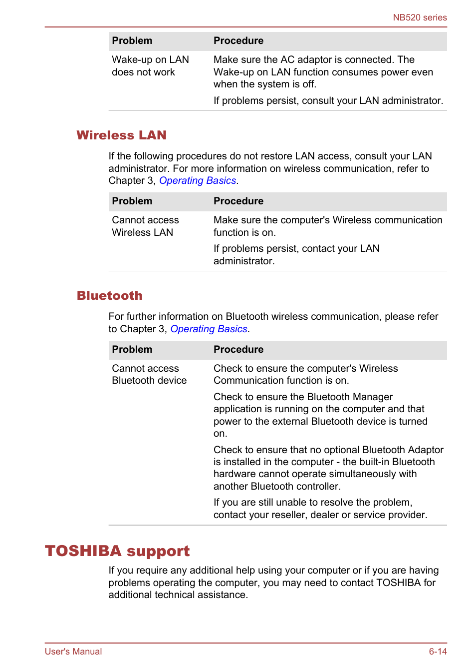 Wireless lan, Bluetooth, Toshiba support | Toshiba support -14 | Toshiba NB520 User Manual | Page 107 / 129