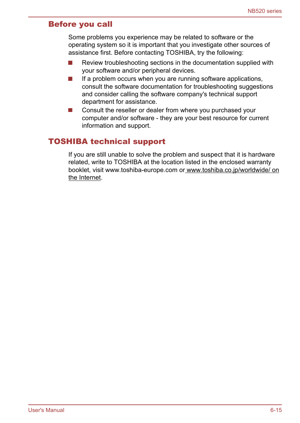 Before you call, Toshiba technical support | Toshiba NB520 User Manual | Page 108 / 129