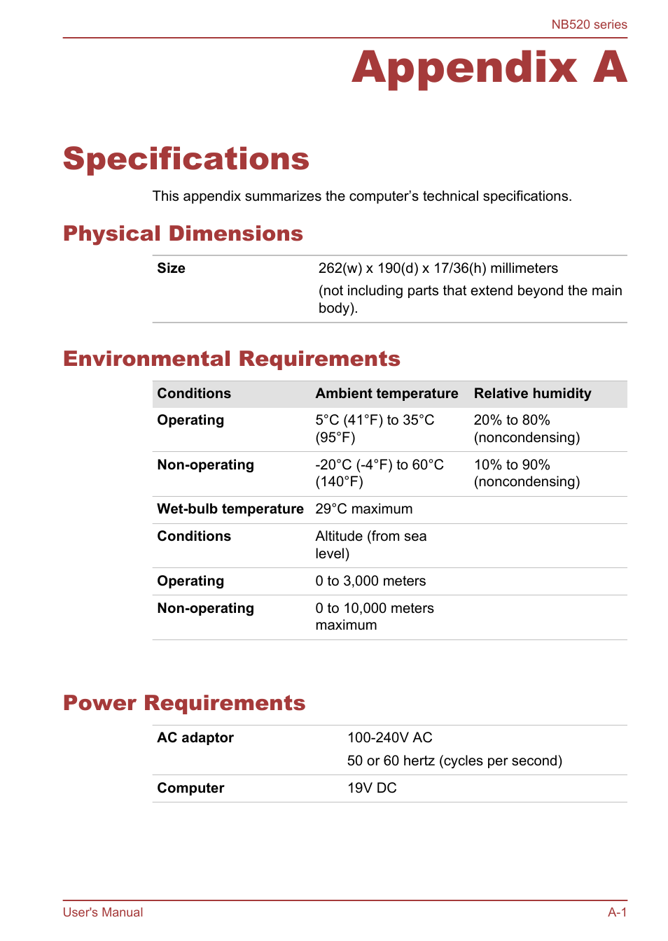 Appendix a specifications, Physical dimensions, Environmental requirements | Power requirements, Appendix a, Specifications | Toshiba NB520 User Manual | Page 109 / 129