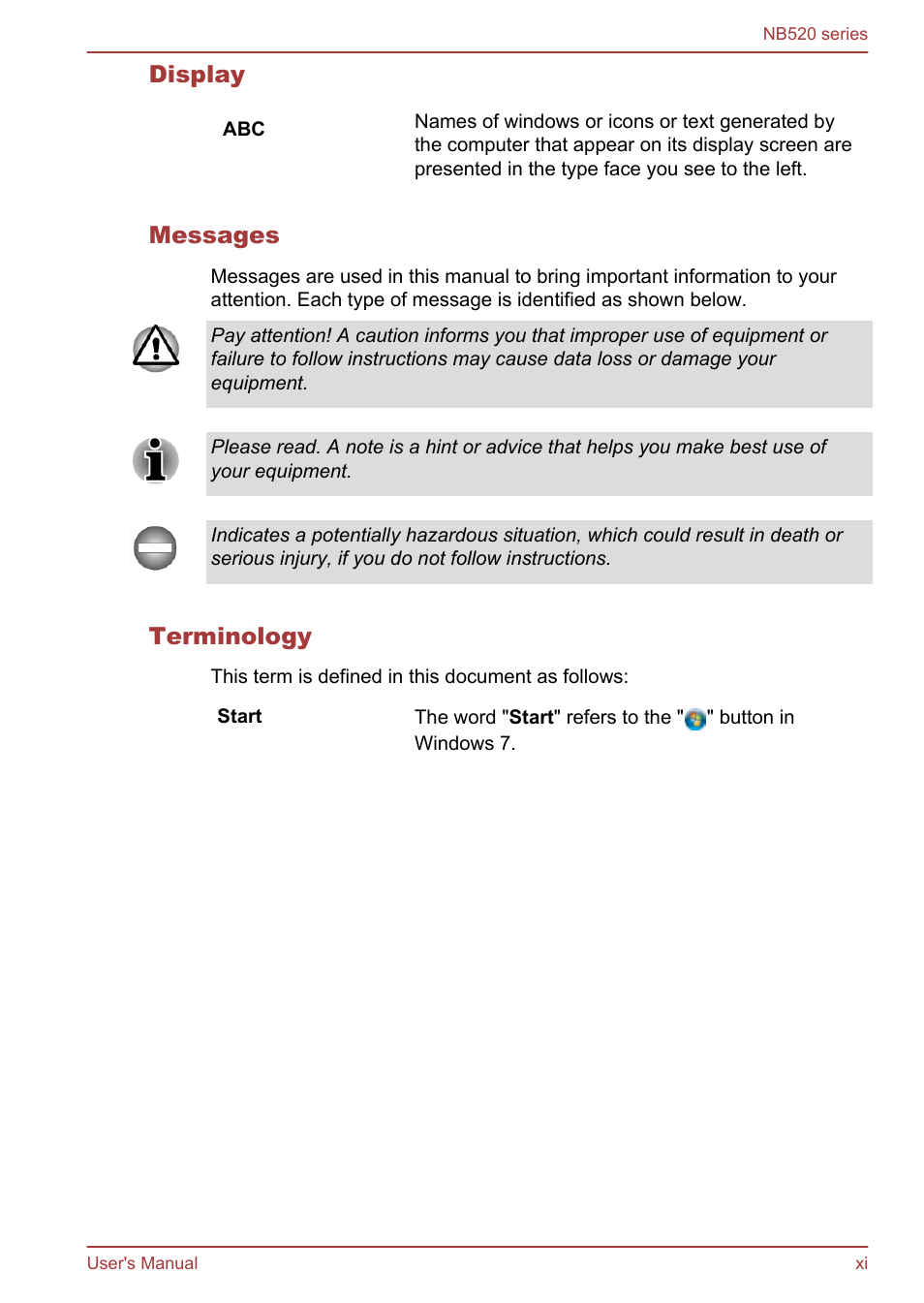 Display, Messages, Terminology | Toshiba NB520 User Manual | Page 11 / 129