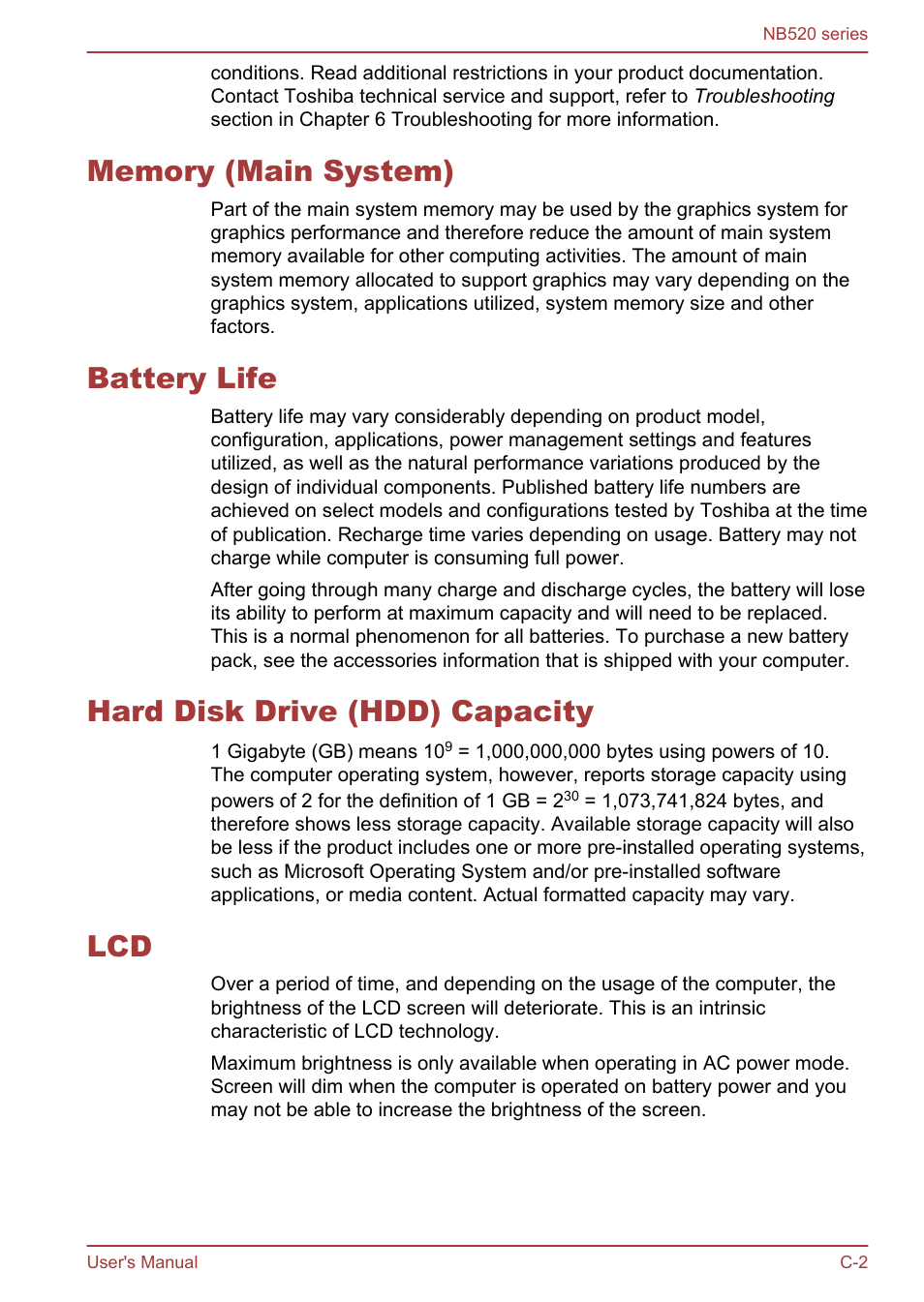 Memory (main system), Battery life, Hard disk drive (hdd) capacity | Toshiba NB520 User Manual | Page 114 / 129