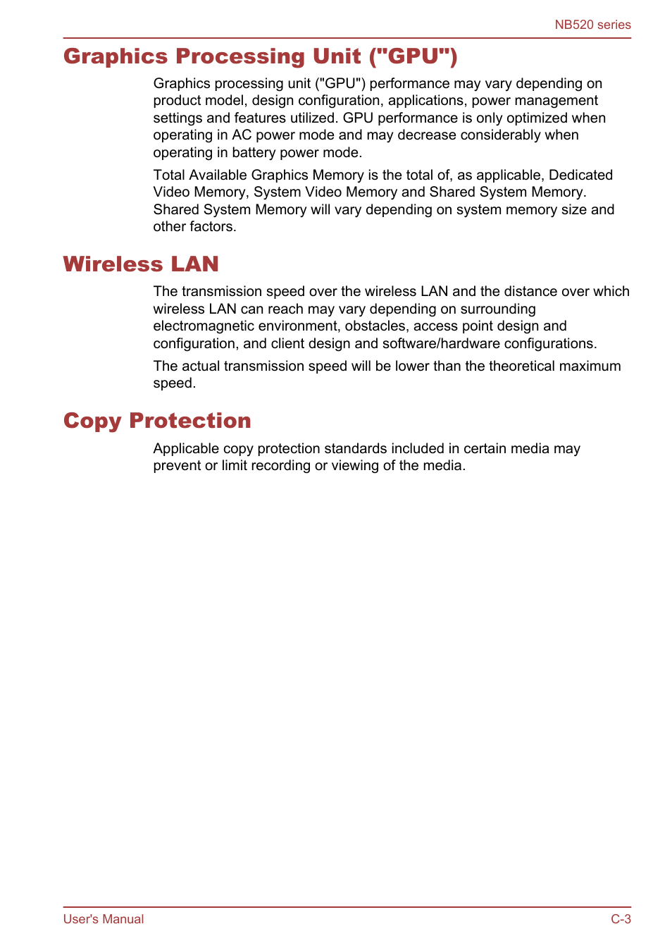 Graphics processing unit ("gpu"), Wireless lan, Copy protection | Toshiba NB520 User Manual | Page 115 / 129