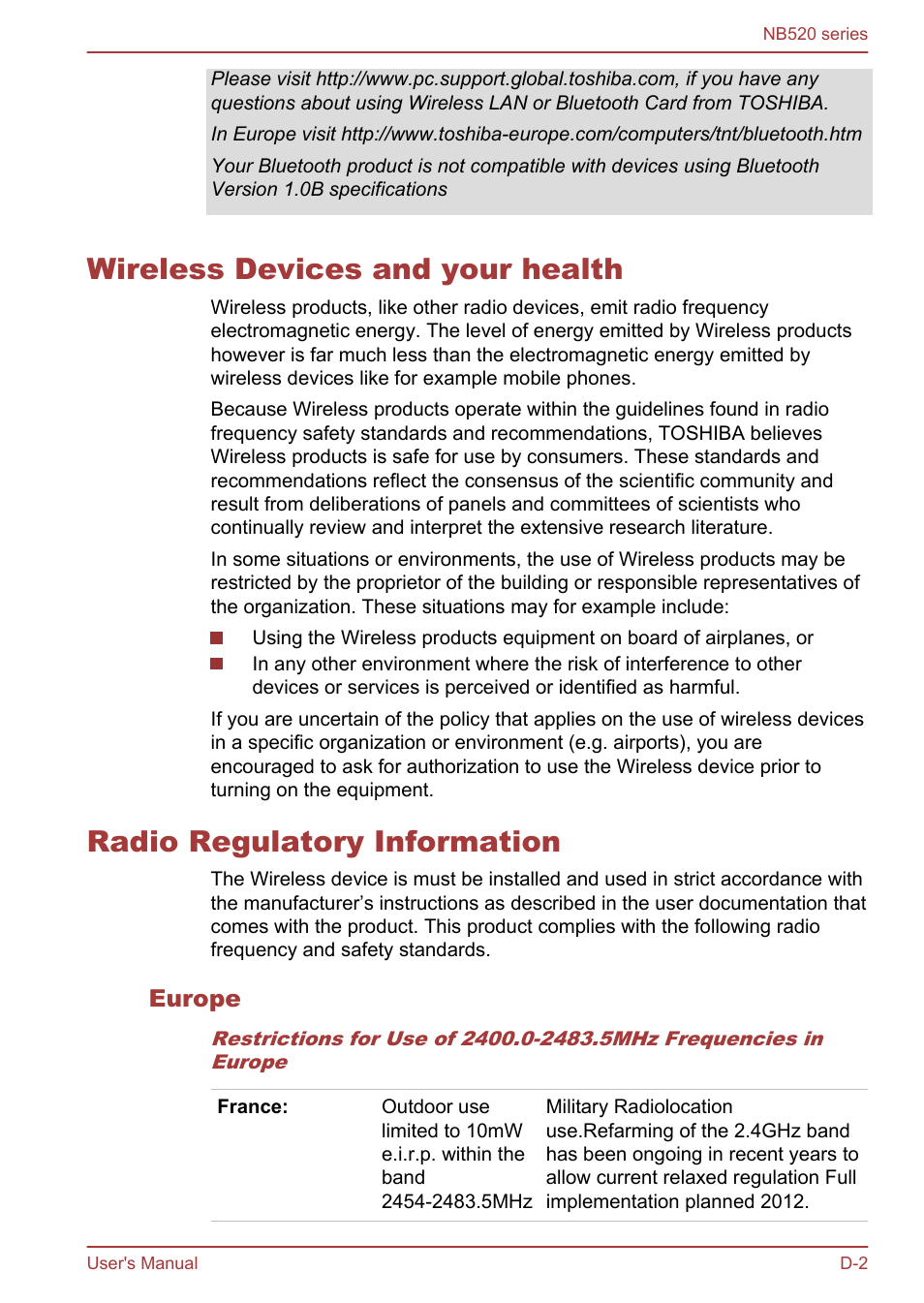 Wireless devices and your health, Radio regulatory information, Europe | Toshiba NB520 User Manual | Page 117 / 129