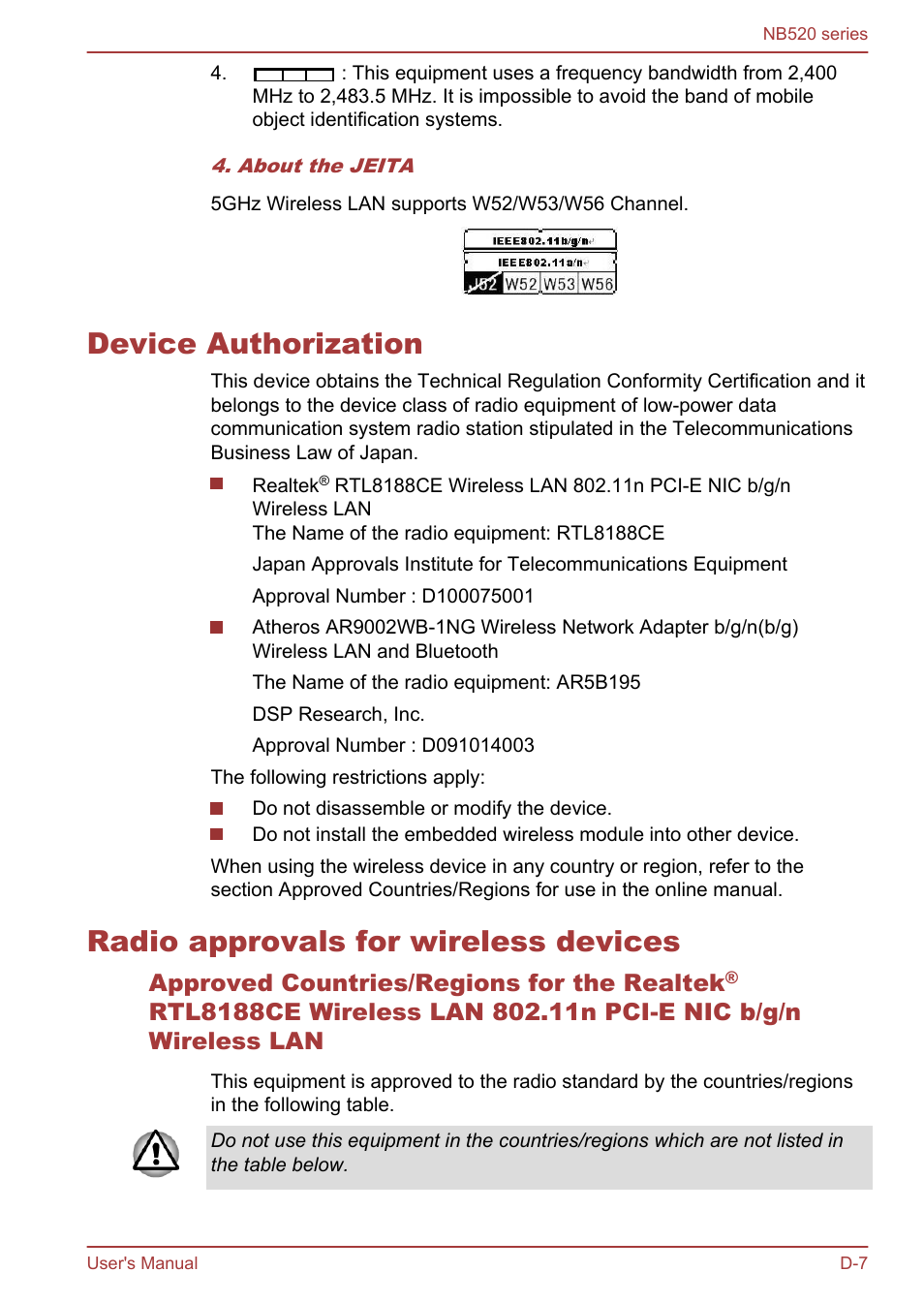 Device authorization, Radio approvals for wireless devices | Toshiba NB520 User Manual | Page 122 / 129