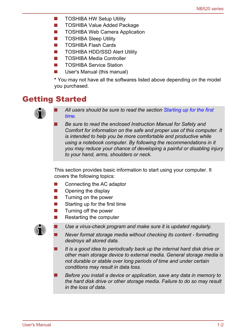 Getting started, Getting started -2 | Toshiba NB520 User Manual | Page 15 / 129