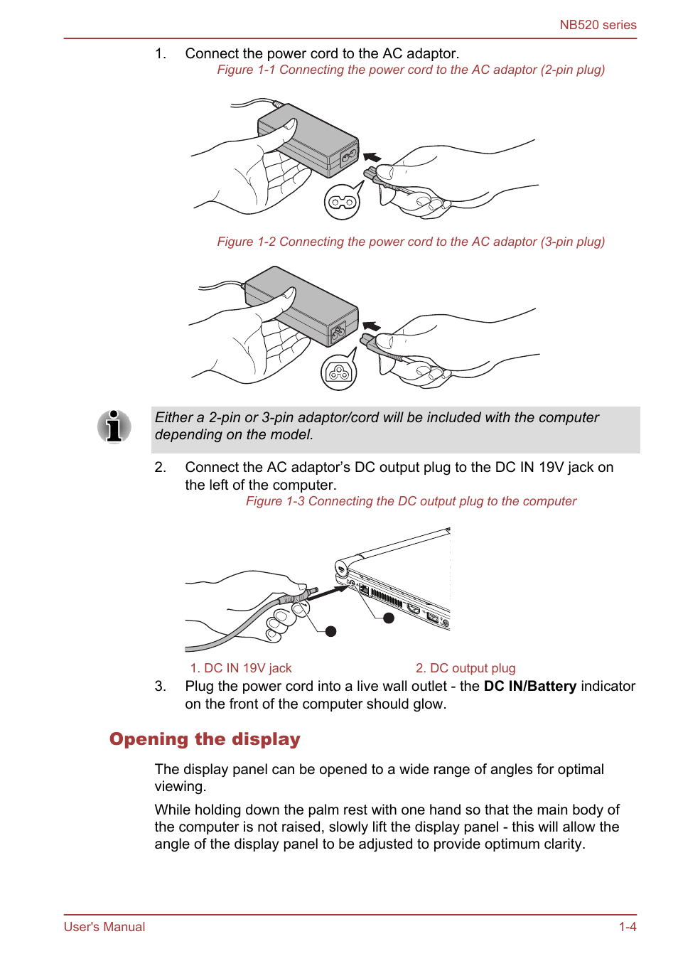 Opening the display | Toshiba NB520 User Manual | Page 17 / 129