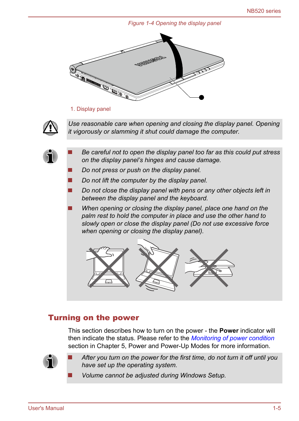 Turning on the power | Toshiba NB520 User Manual | Page 18 / 129