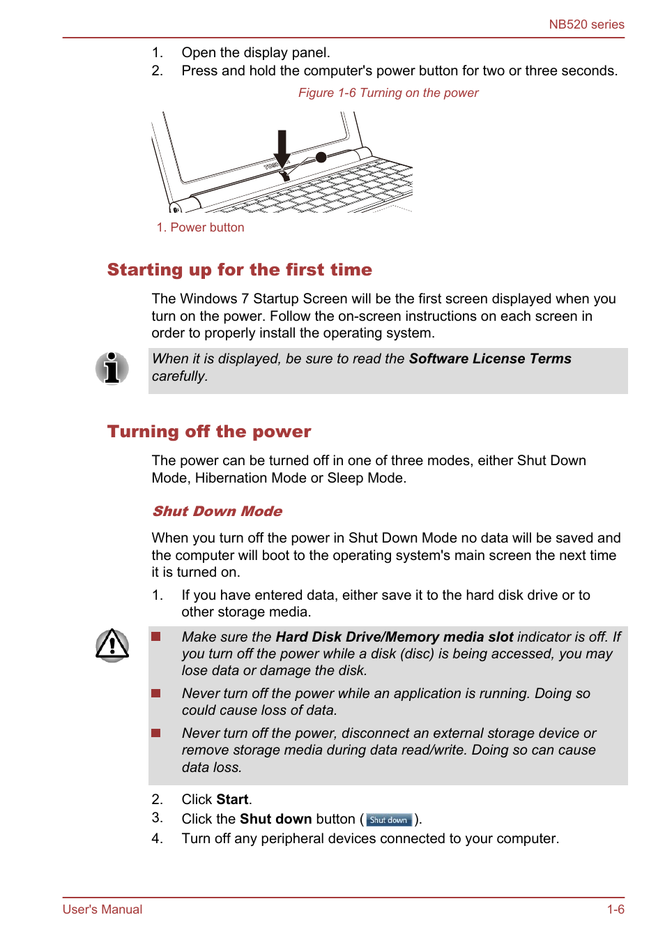 Starting up for the first time, Turning off the power | Toshiba NB520 User Manual | Page 19 / 129
