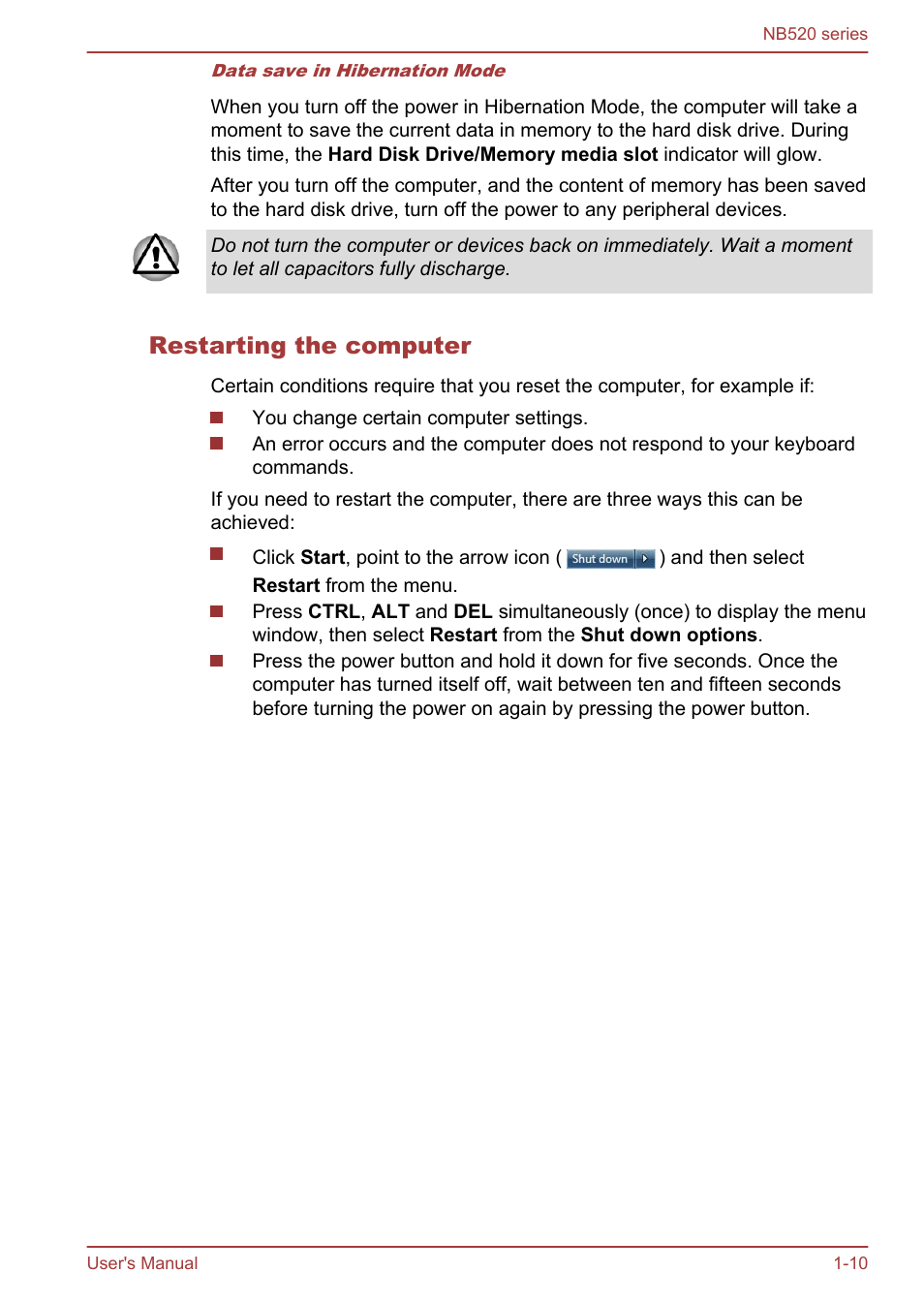 Restarting the computer | Toshiba NB520 User Manual | Page 23 / 129