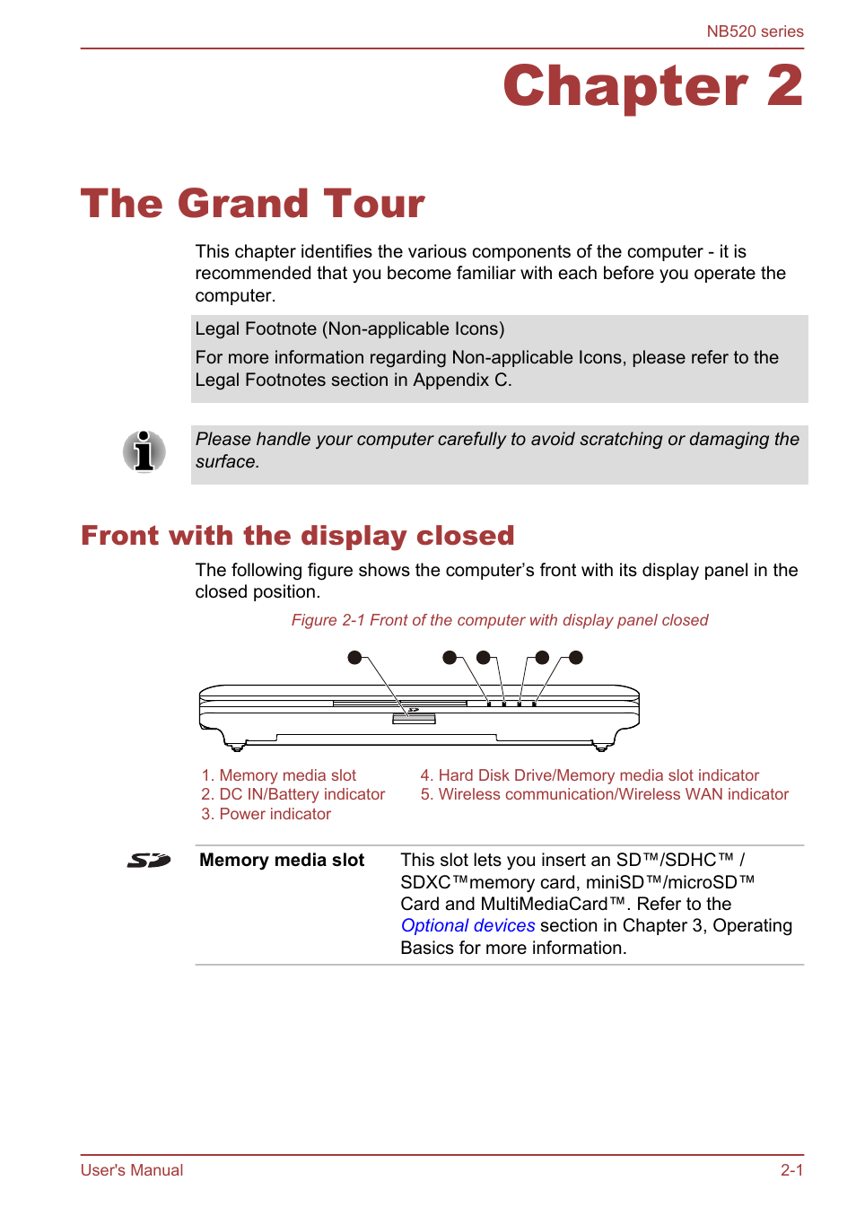 Chapter 2 the grand tour, Front with the display closed, Chapter 2 | The grand tour, Front with the display closed -1 | Toshiba NB520 User Manual | Page 24 / 129