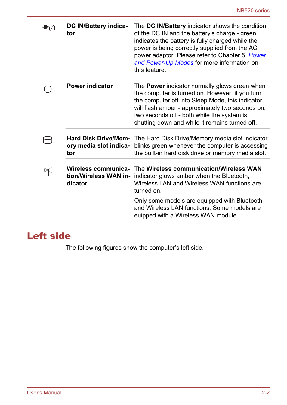 Left side, Left side -2 | Toshiba NB520 User Manual | Page 25 / 129