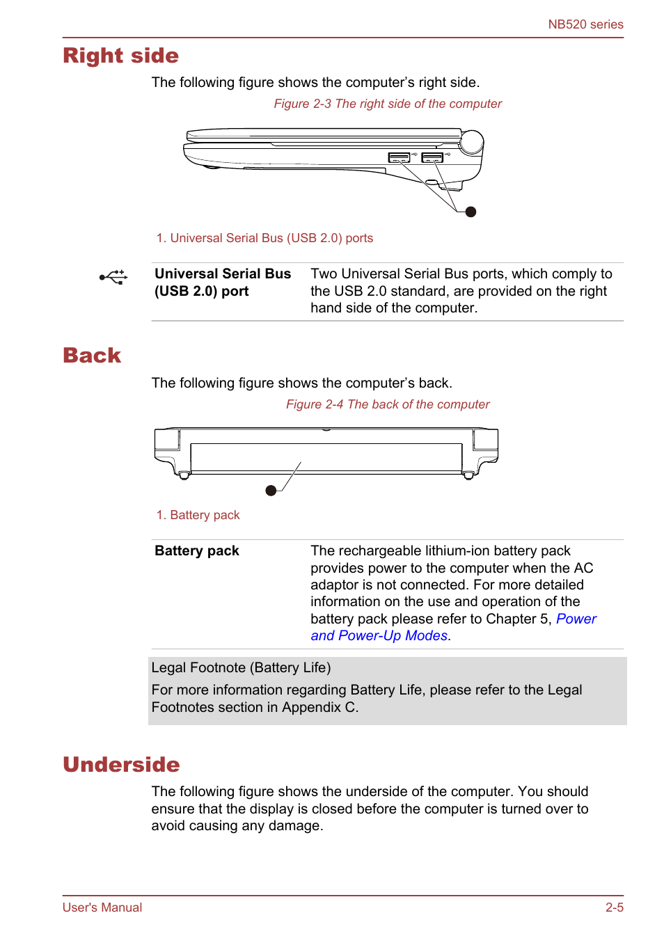 Right side, Back, Underside | Right side -5 back -5 underside -5 | Toshiba NB520 User Manual | Page 28 / 129