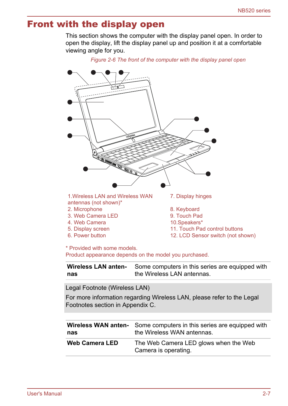 Front with the display open, Front with the display open -7 | Toshiba NB520 User Manual | Page 30 / 129