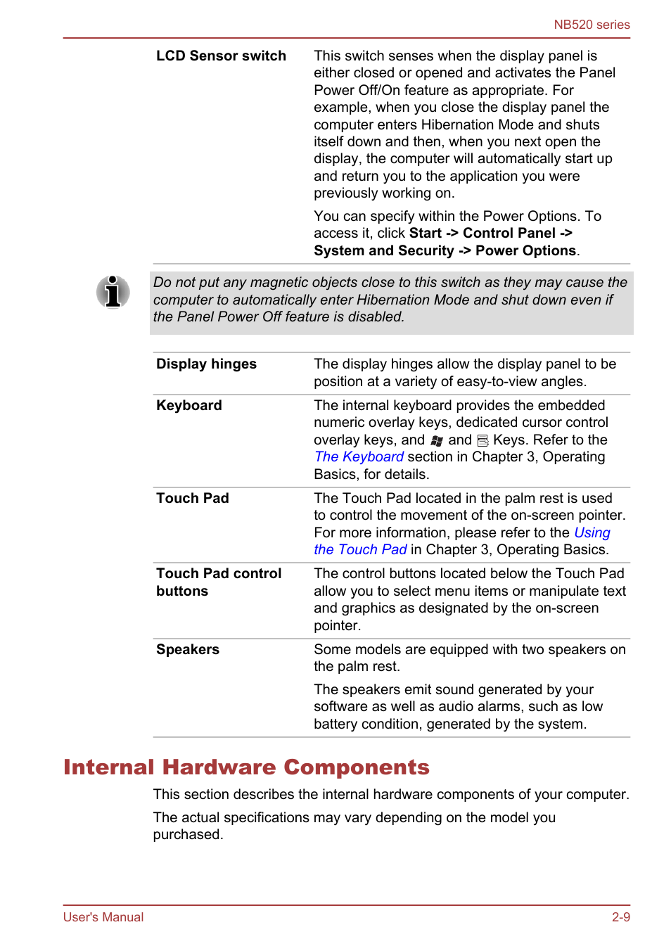 Internal hardware components, Internal hardware components -9 | Toshiba NB520 User Manual | Page 32 / 129