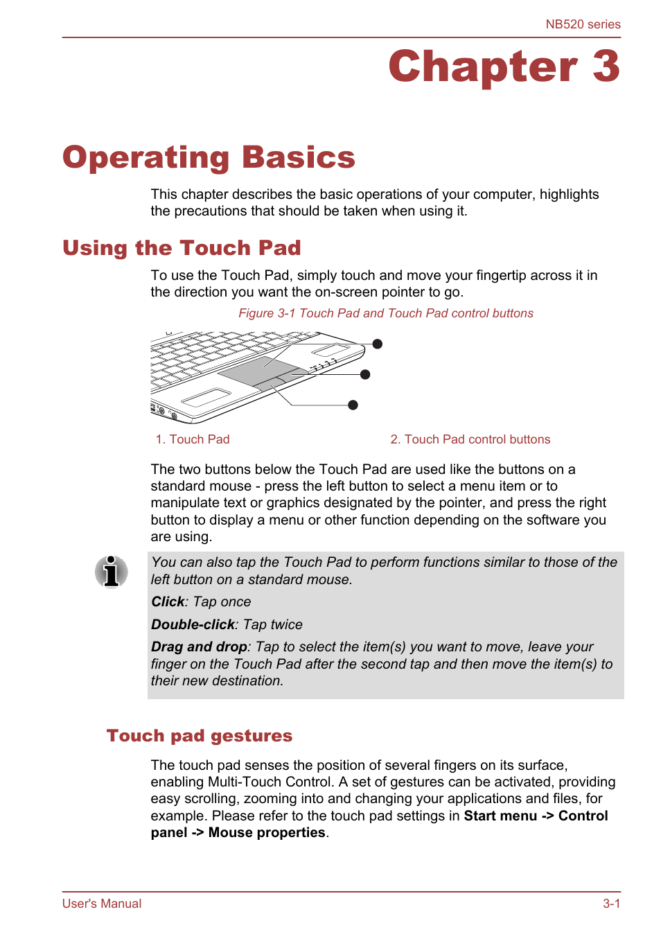 Chapter 3 operating basics, Using the touch pad, Touch pad gestures | Chapter 3, Operating basics, Using the touch pad -1, For more information, please refer to the, Using, The touch pad | Toshiba NB520 User Manual | Page 35 / 129