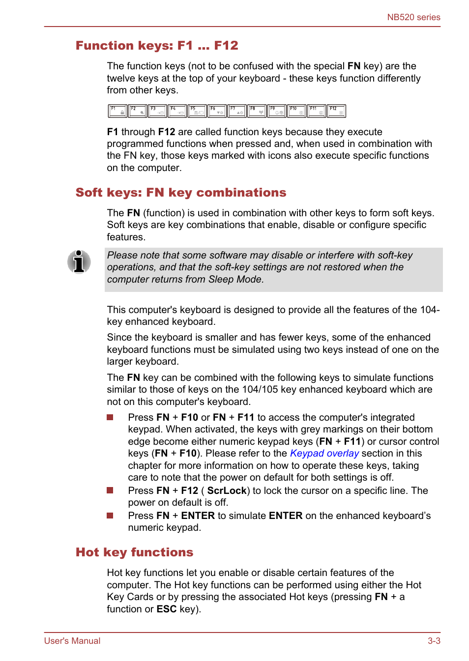 Function keys: f1 … f12, Soft keys: fn key combinations, Hot key functions | Toshiba NB520 User Manual | Page 37 / 129