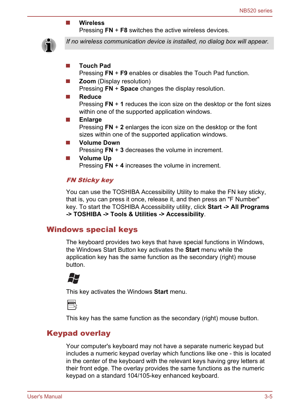 Windows special keys, Keypad overlay | Toshiba NB520 User Manual | Page 39 / 129