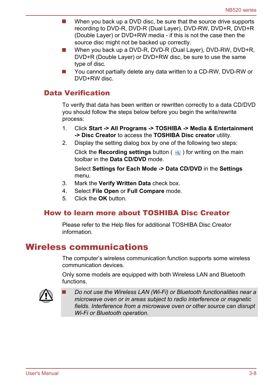Data verification, How to learn more about toshiba disc creator, Wireless communications | Wireless communications -8 | Toshiba NB520 User Manual | Page 42 / 129
