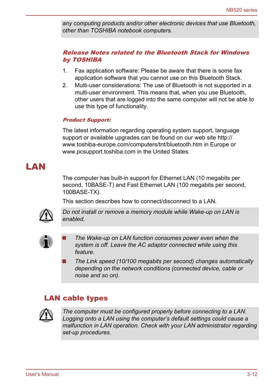 Lan cable types, Lan -12 | Toshiba NB520 User Manual | Page 46 / 129
