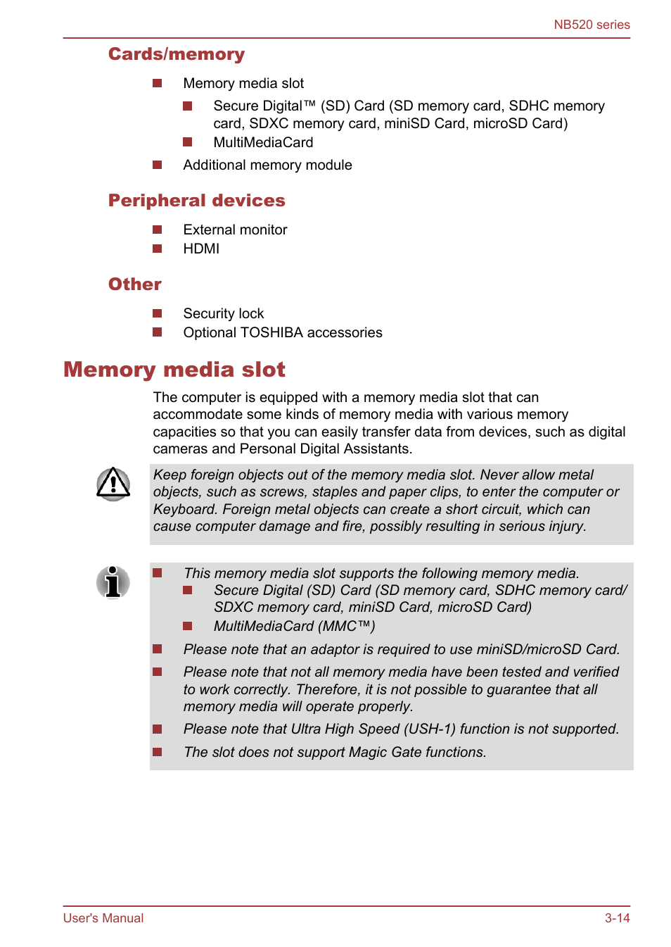 Cards/memory, Peripheral devices, Other | Memory media slot, Memory media slot -14 | Toshiba NB520 User Manual | Page 48 / 129