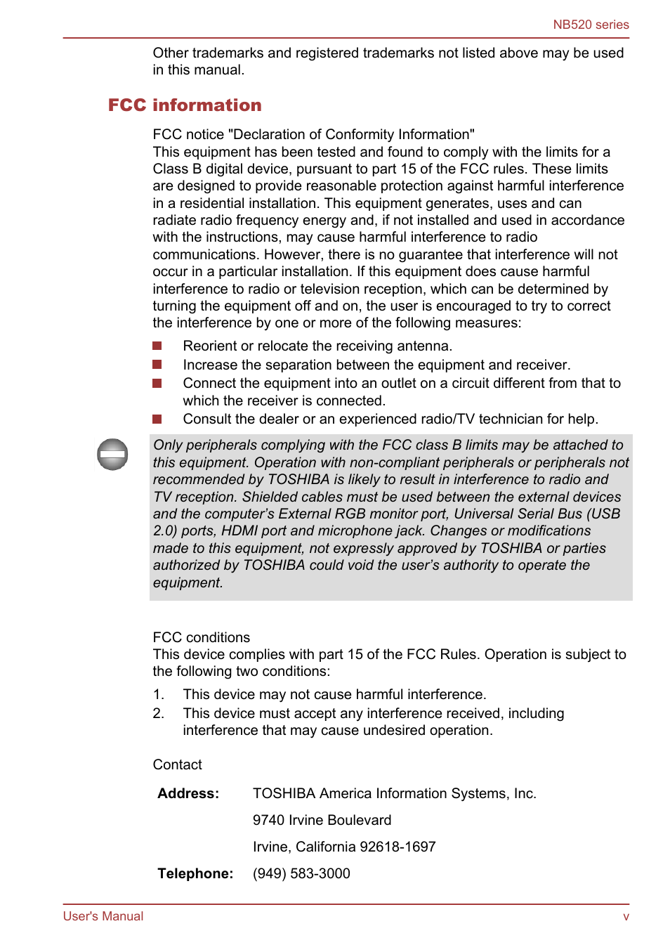 Fcc information | Toshiba NB520 User Manual | Page 5 / 129