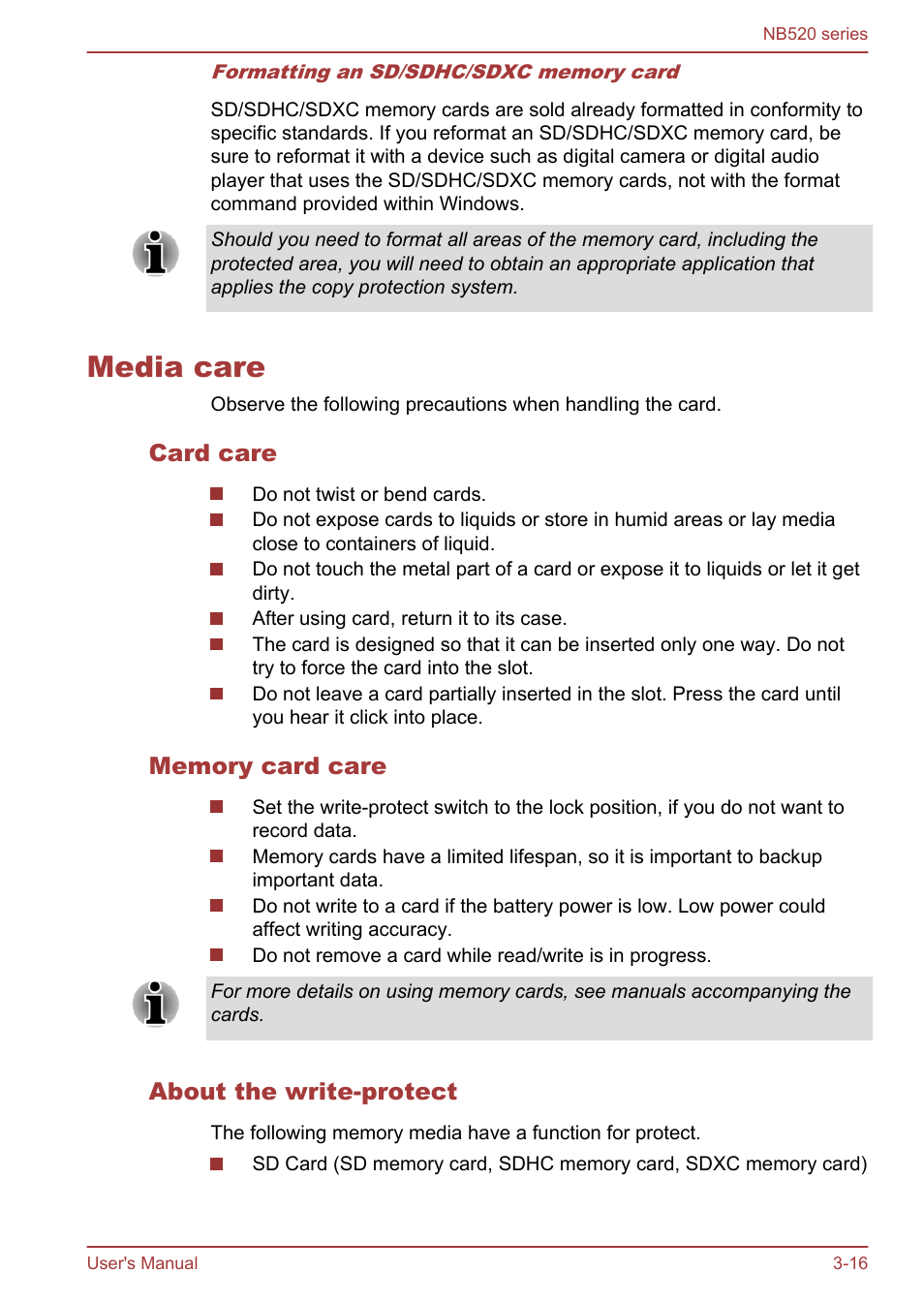 Media care, Card care, Memory card care | About the write-protect, Media care -16 | Toshiba NB520 User Manual | Page 50 / 129