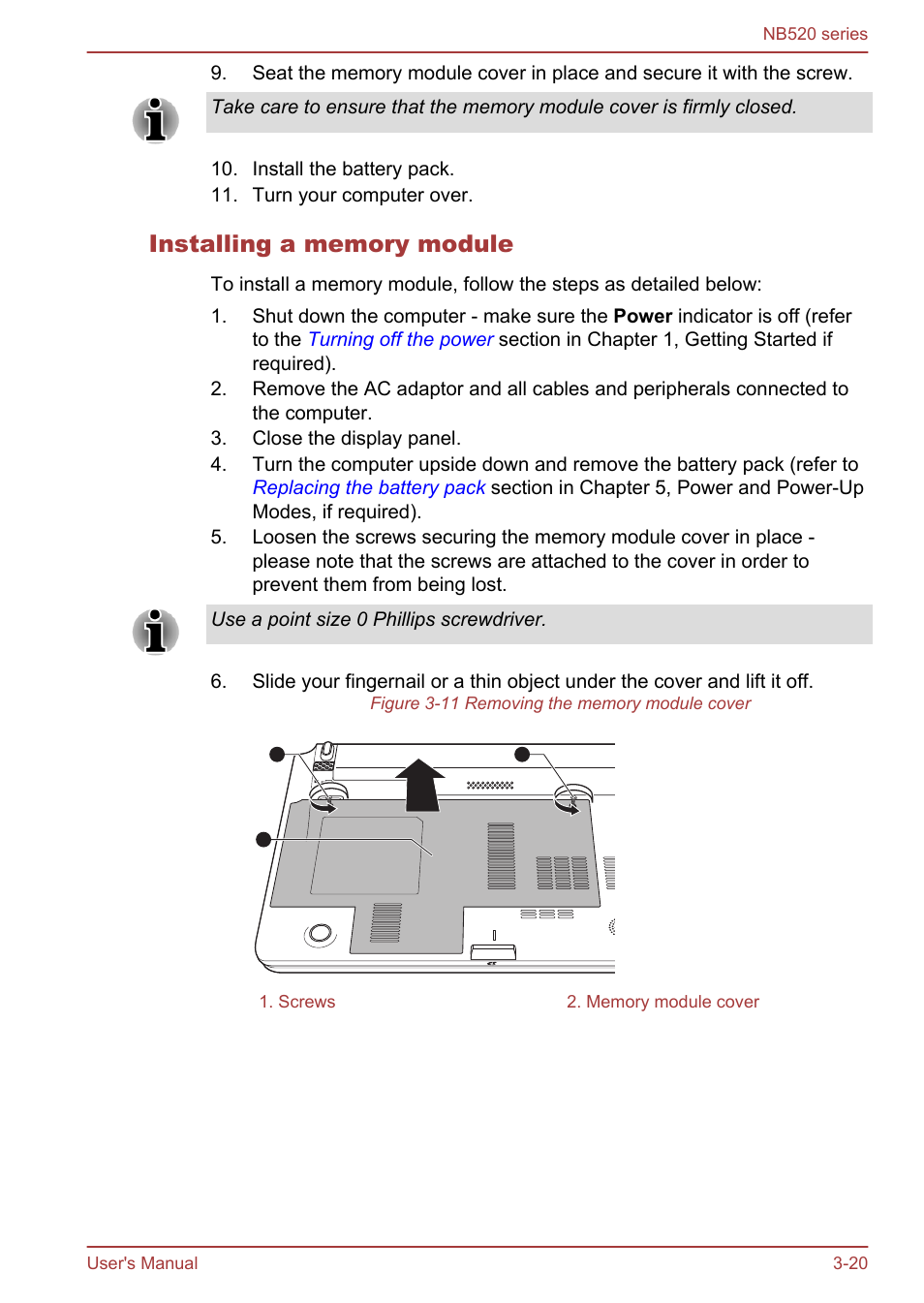 Installing a memory module | Toshiba NB520 User Manual | Page 54 / 129