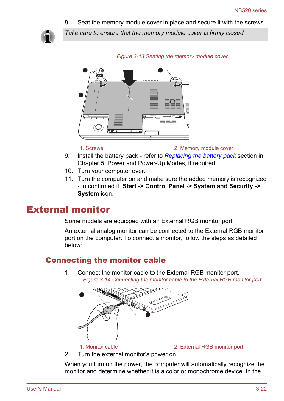 External monitor, Connecting the monitor cable, External monitor -22 | Toshiba NB520 User Manual | Page 56 / 129