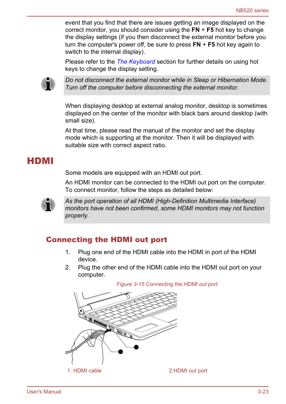 Hdmi, Connecting the hdmi out port, Hdmi -23 | Toshiba NB520 User Manual | Page 57 / 129